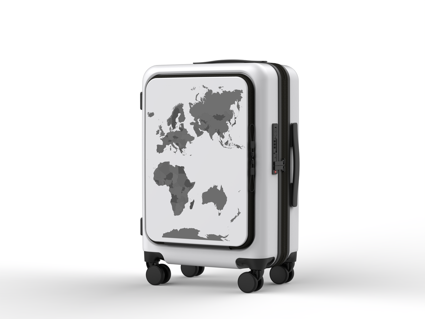 A white  carry-on suitcase with a built-in map and country flag decals, featuring a zipper closure and wheels.