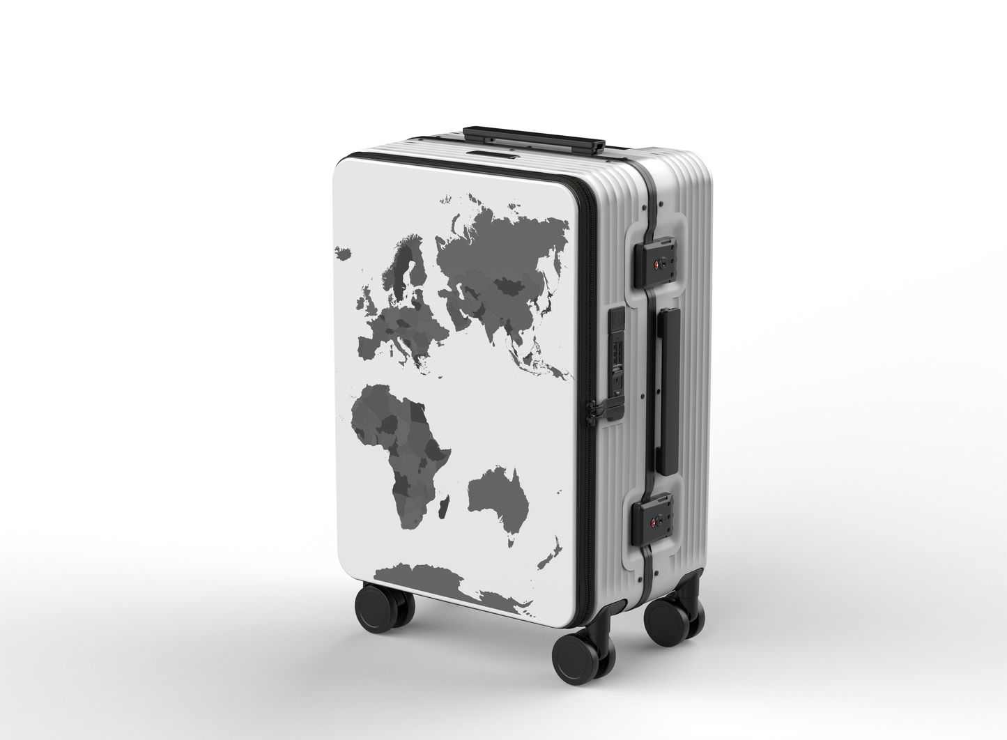 A carry-on suitcase with a built-in map decal, predominantly white with black accents, and silver aluminum frame.