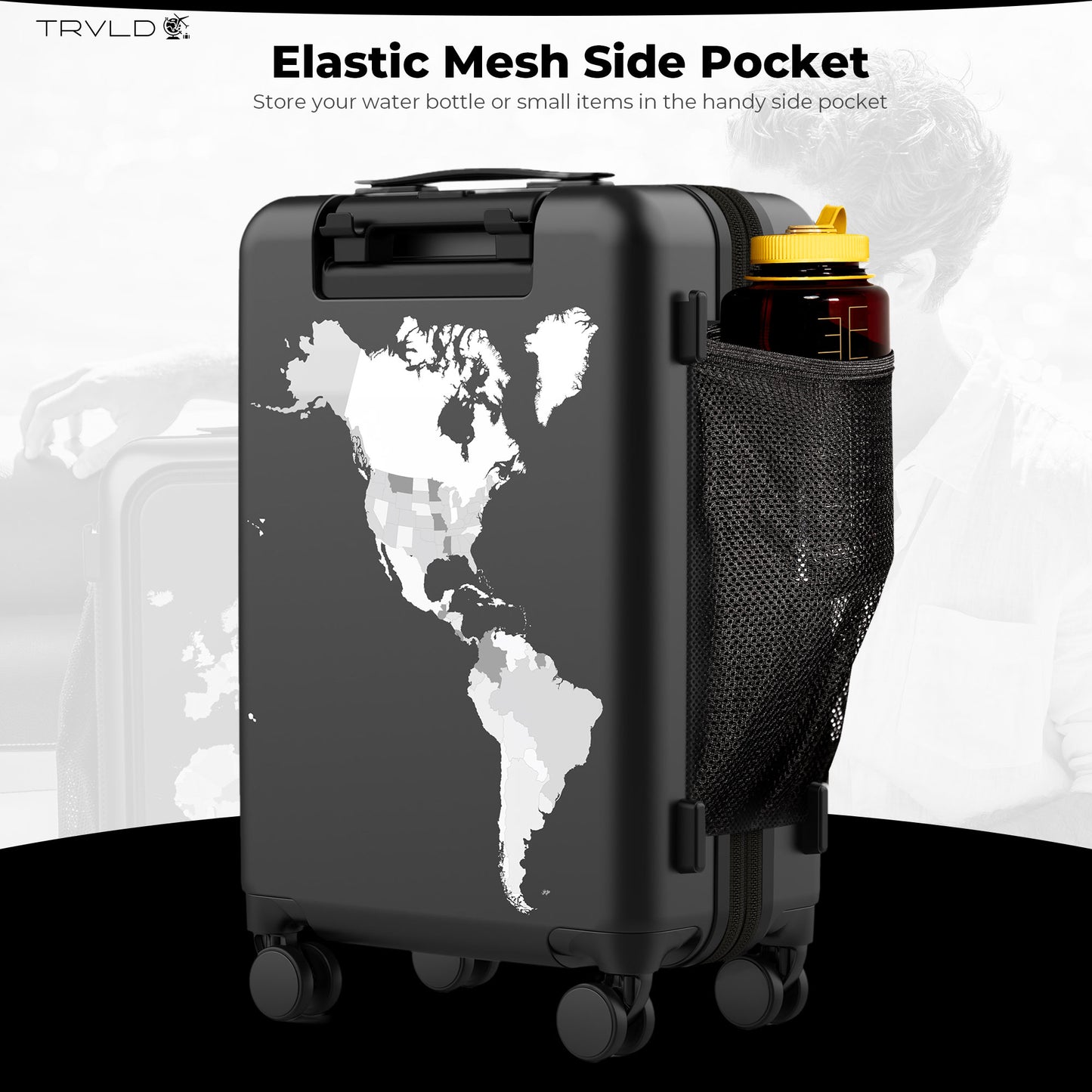 black carry on suitcase with a water bottle holder