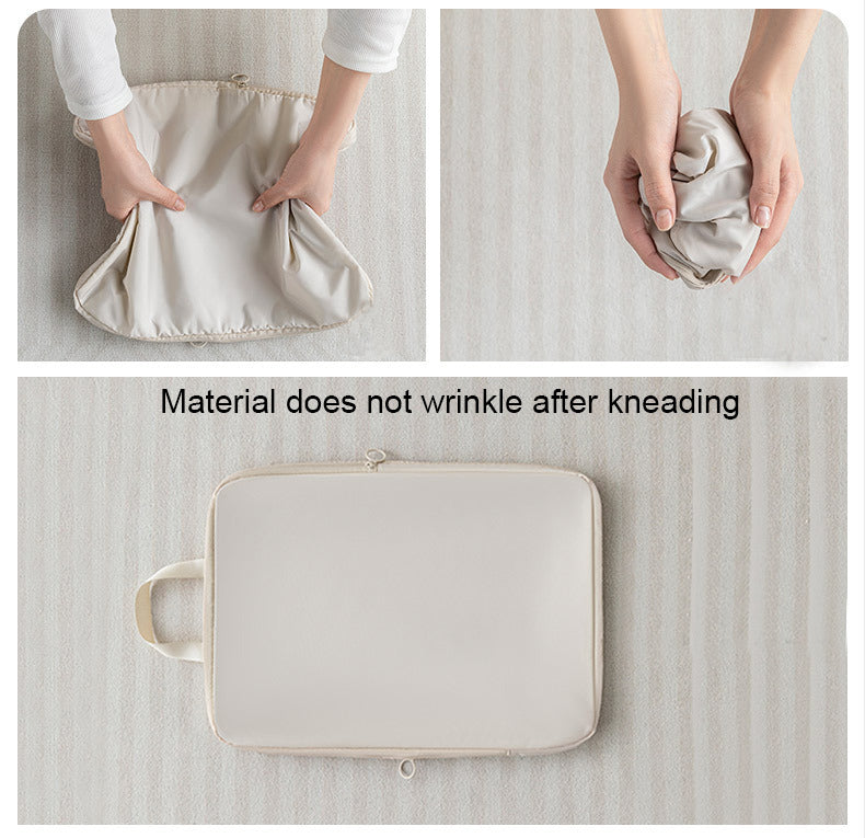 Collage showing a beige pouch being kneaded, a folded piece of fabric, and the pouch laid flat on a textured surface.
