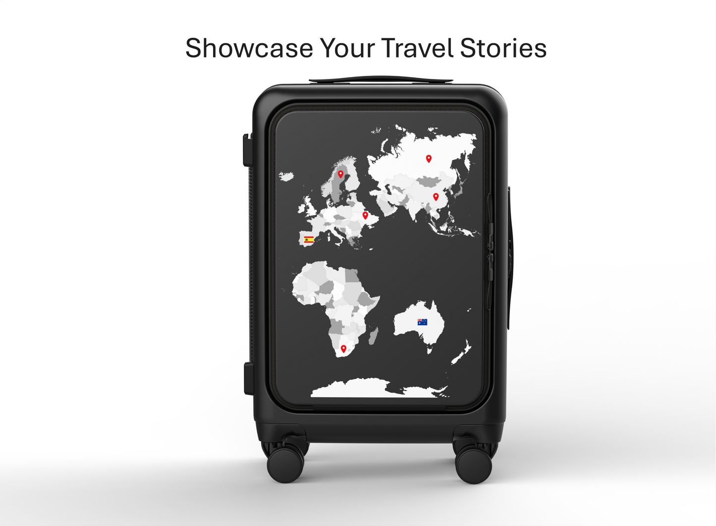 Black suitcase with world map design on a white background