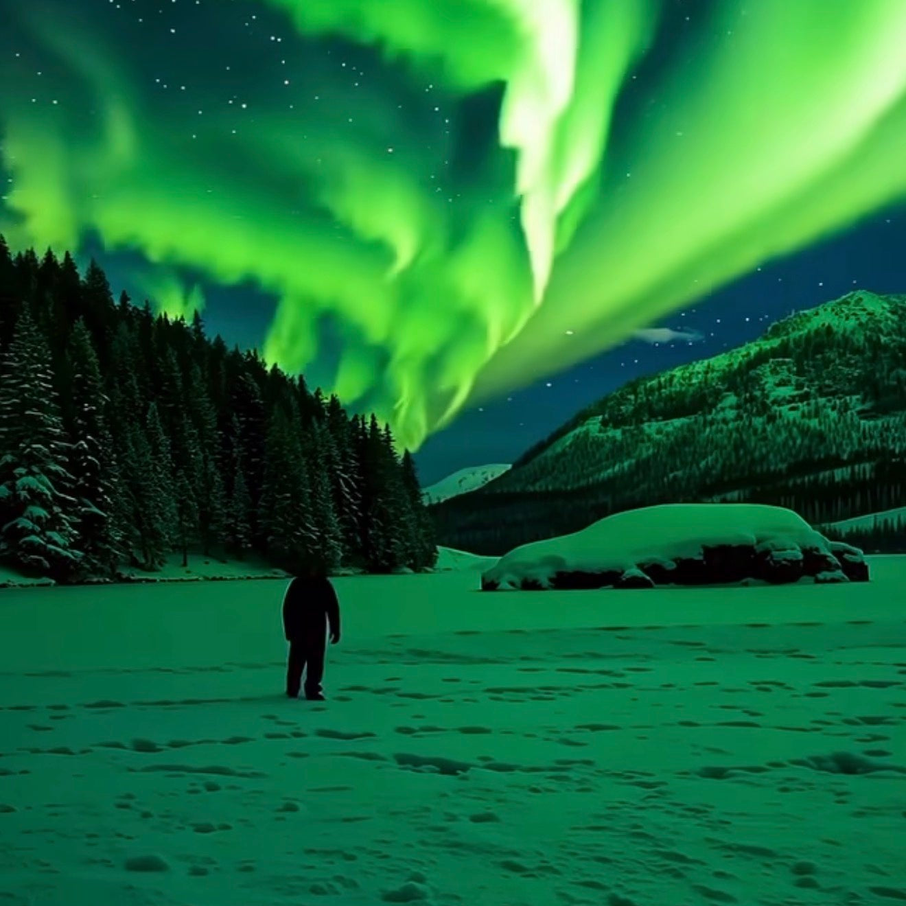 Person standing under the Northern Lights in a snowy landscape in alaska 