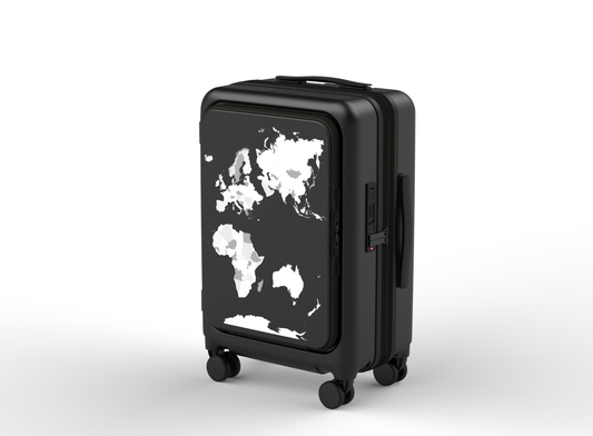 A black carry-on suitcase with a built-in map and country flag decals, featuring a zipper closure and wheels.
