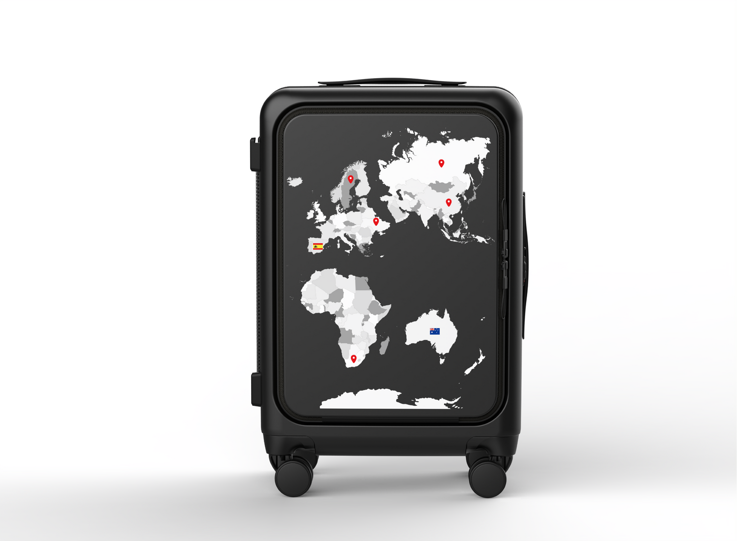 Black suitcase with world map design on a white background