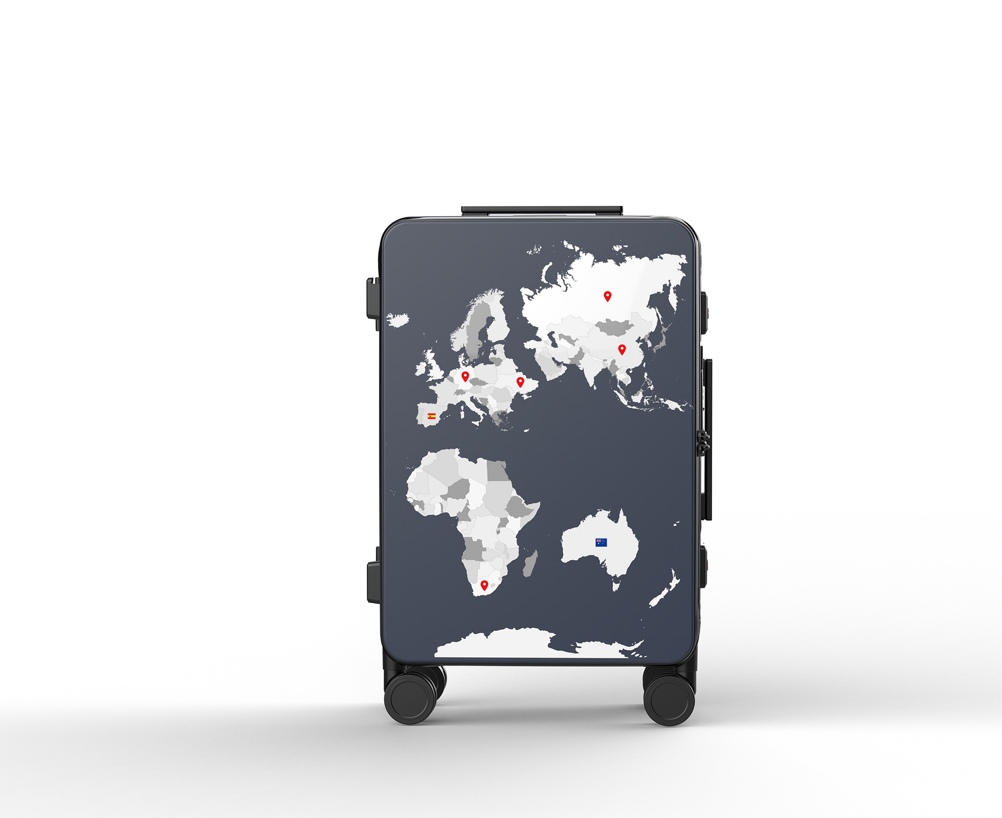 Suitcase with world map design on a white background